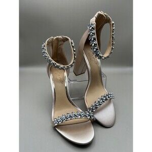 Jewel Badgley Mischka Mayra Ankle Strap Evening Shoe Heels Champagne Size 6.5M